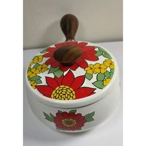 Vtg David‎ Kamenstein Retro Enamel Fondue Pot Red Yellow Flowers Wood Handles